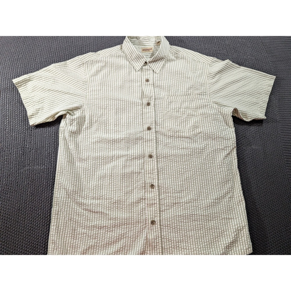 Redhead Mens Large Green White Striped Seersucker Short Sleeve Button Down Shirt